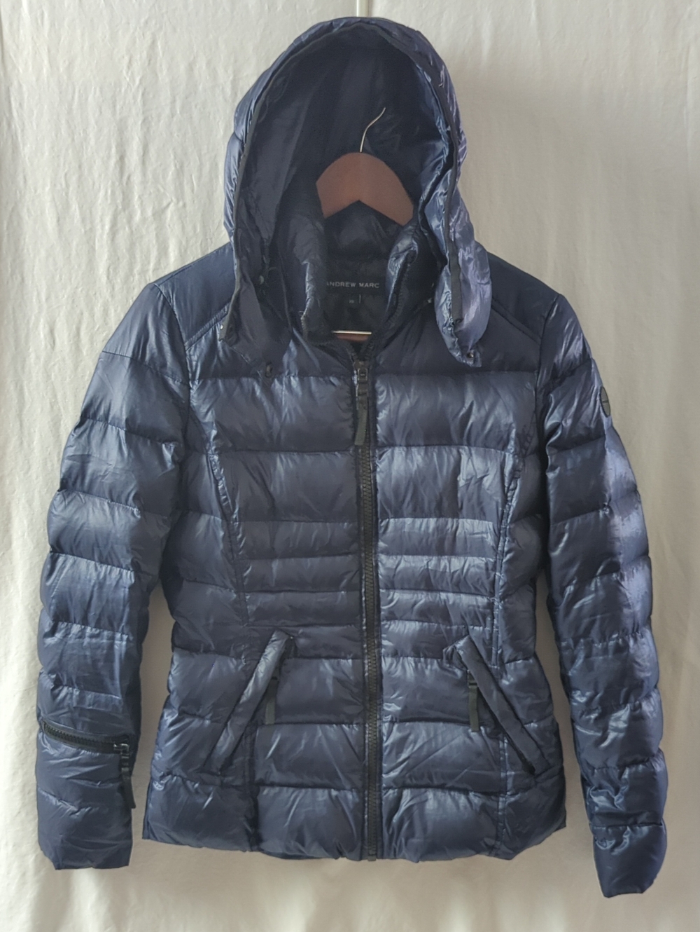 Andrew Marc Navy Blue Hooded Down Puffer Jacket Coat XS AP610750